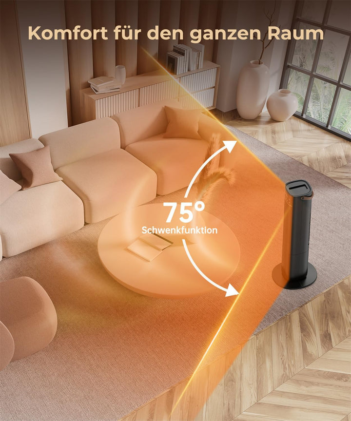 Heizlüfter Energiesparend, 2000W PTC Keramik Heizlüfter, 75° Oszillierend Elektroheizung mit Thermos