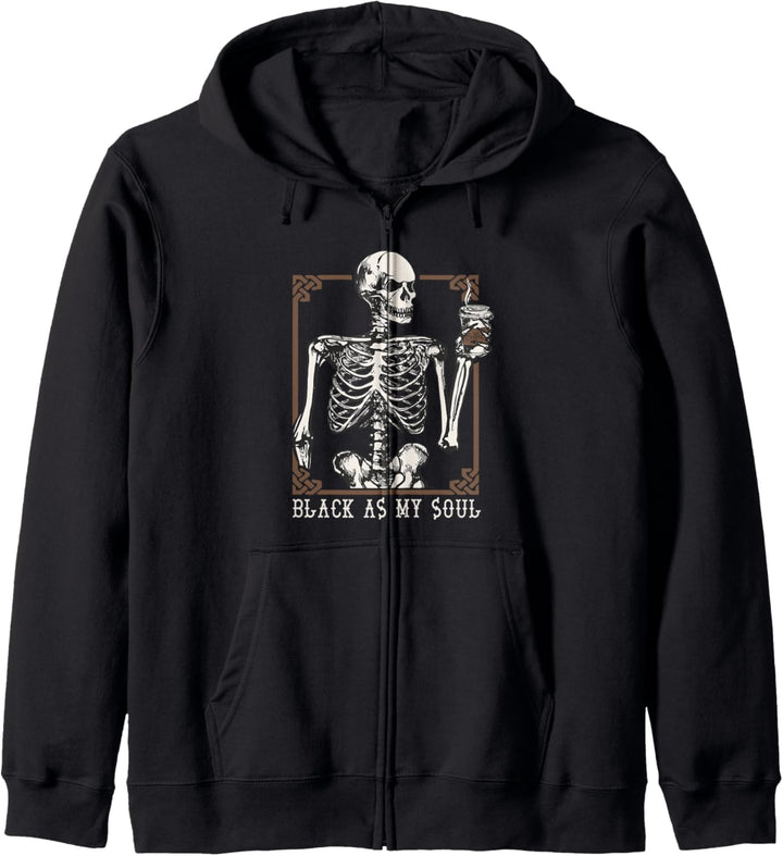 Halloween Coffee Drinking Skeleton Black As My Soul Skull Kapuzenjacke