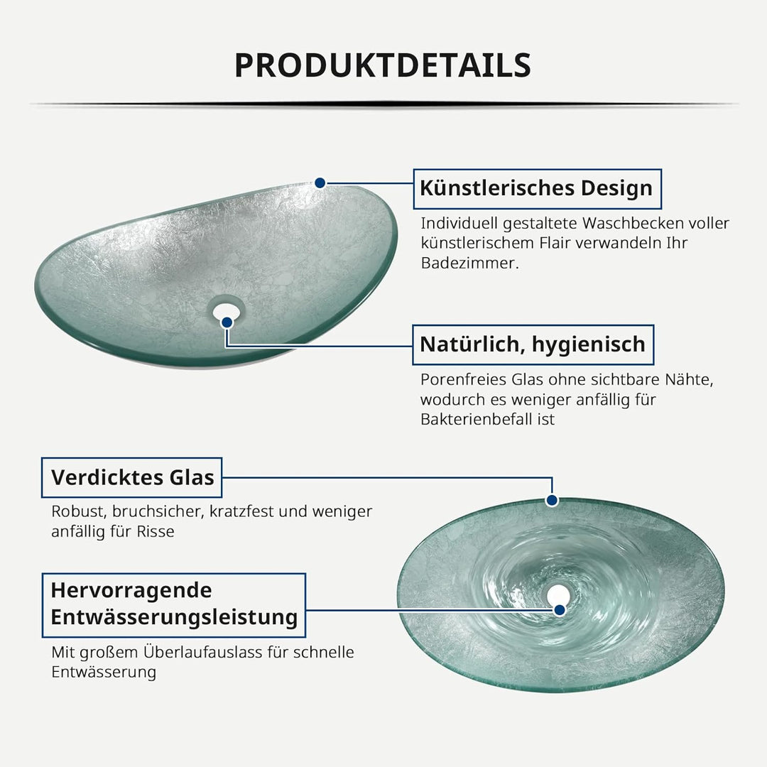 YU YUSING Aufsatzwaschbecken Waschbecken Glas Waschtisch, Oval Hand Waschschale mit Wasserhahn Set,