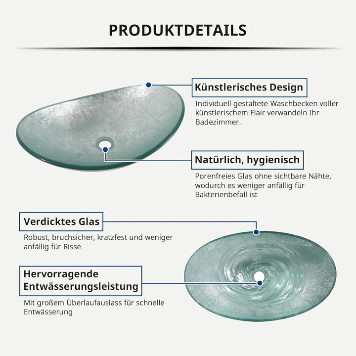 YU YUSING Aufsatzwaschbecken Waschbecken Glas Waschtisch, Oval Hand Waschschale mit Wasserhahn Set,