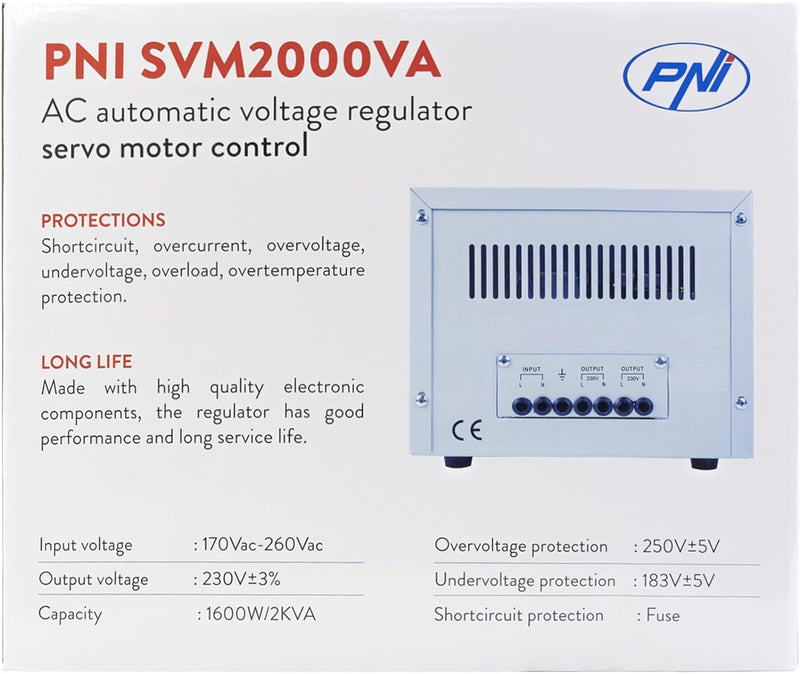 Spannungsregler PNI SVM2000VA Spannungsstabilisator mit Servomotor, 1600 W, 7,2 A, 230 V Ausgang, Sp