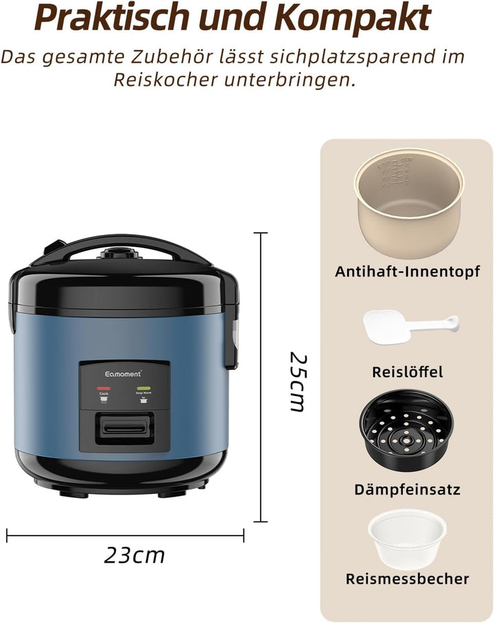 Eamoment DRC-5020BL 1L|400W Reiskocher & Dampfgarer(1ltr-5 Tassen) Für 1-5 Personen Schnelles Kochen