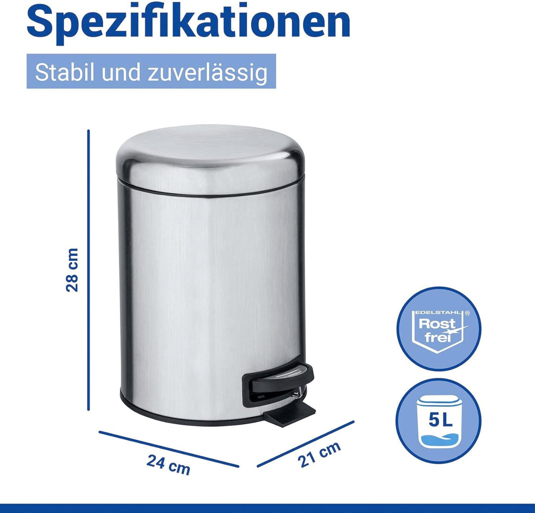 WENKO Treteimer Mod. Leman, 5 Liter, mit herausnehmbarem Einsatz, aus rostfreiem Edelstahl, 21 x 24