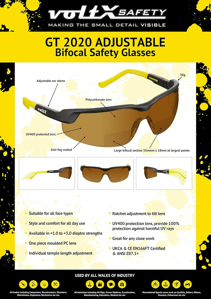 voltX 3 x GT ADJUSTABLE Bifokale Lesen Schutzbrille (KLAR, GELB, BRAUN +3.0 Dioptrie), Anti-Beschlag