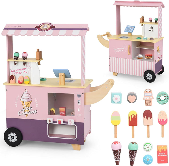 FANTASK Eiswagen Kinder Rosa mit 15 Zubehör, Kaufladen Holz mit Eismaschine & Kasse & Scanner & Verk