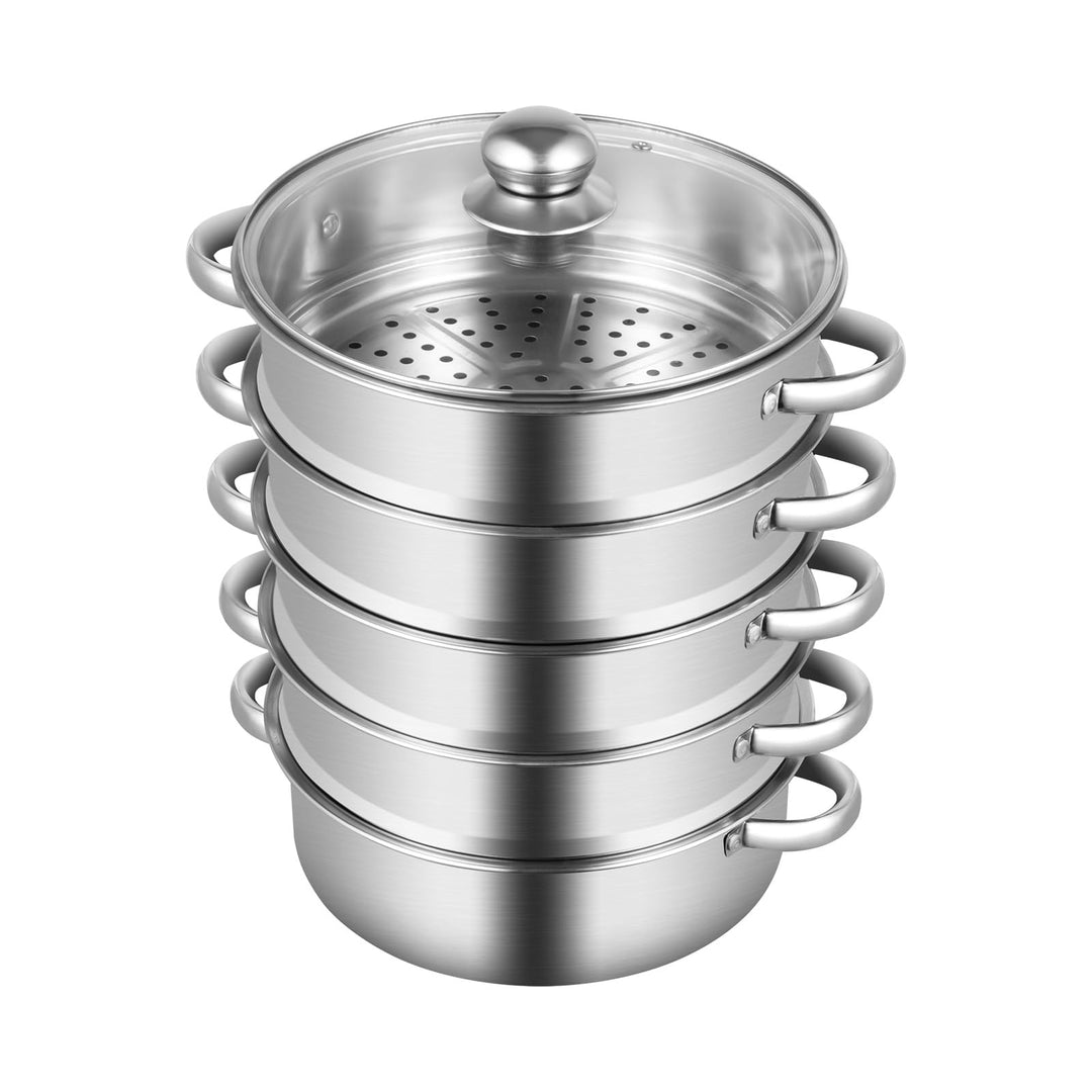 5-lagiger Edelstahl Dampfgarer mit Glasabdeckung, 32cm Ampfkocher Schongarer Induktion Dampfkochtopf