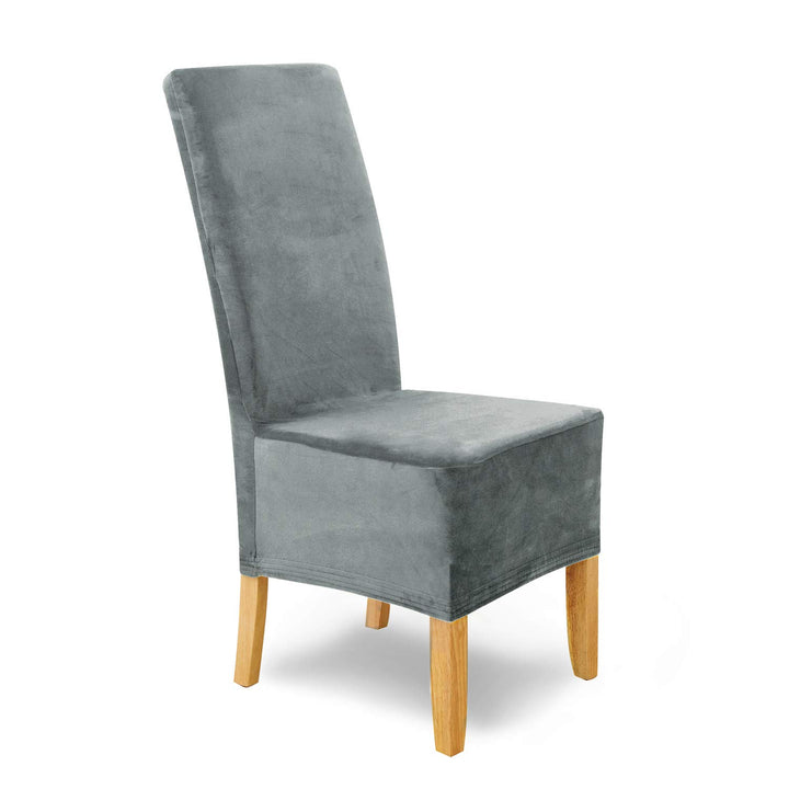 SCHEFFLER-Home Stretch Stuhlhussen Samt Puma Velvet/Velours Stuhlhussen 4er Set Grau lang/Stuhlabdec