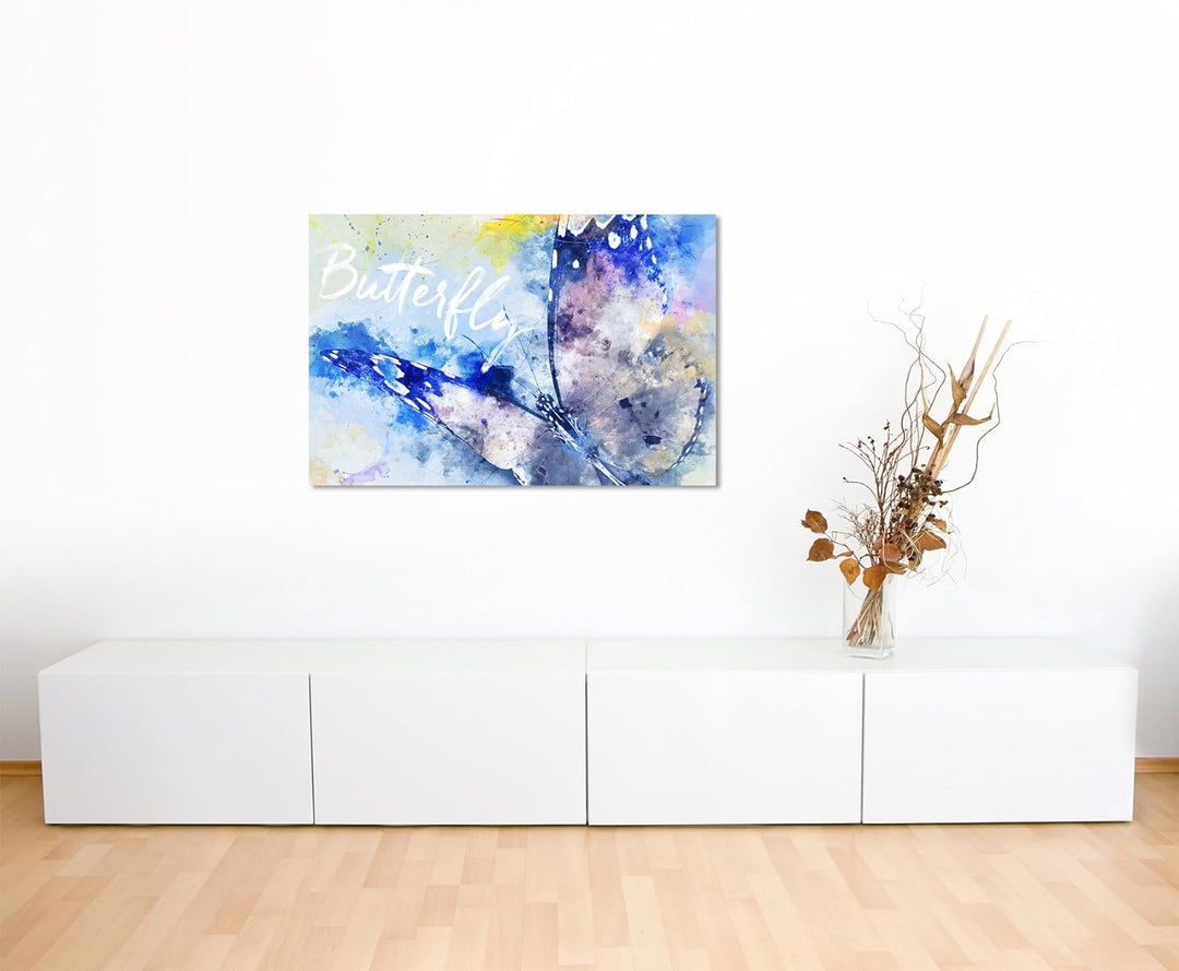 Paul Sinus Art Bild Leinwand 120x80cm Schmetterling im Flug in Blautönen mit Kalligraphie, 120x80cm