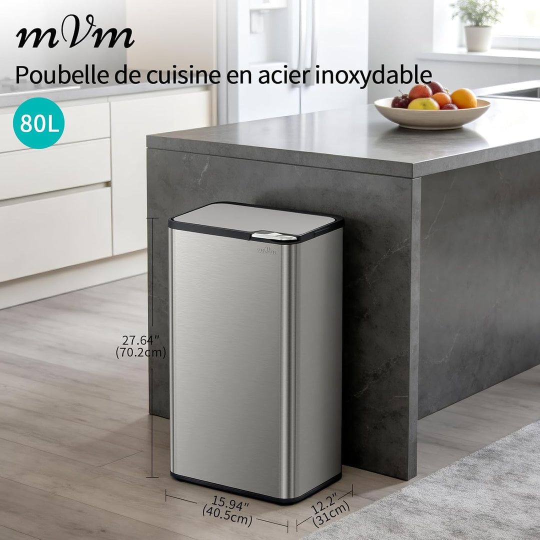 mVm Küchen & Büromülleimer 80L, Edelstahl, Rechteckig, Mit Deckel & Geruchsfilter, Sanftschliessend