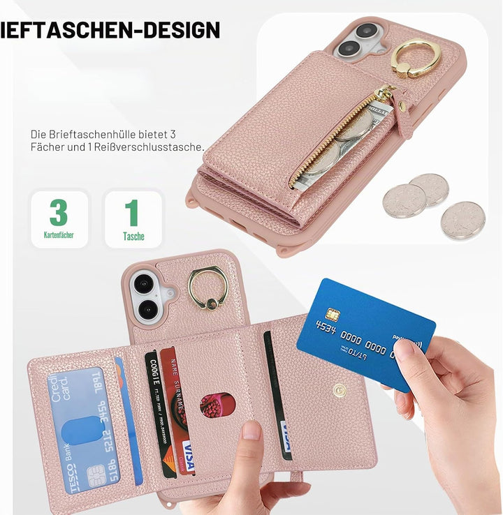 ELTEKER Handyhülle für iPhone 17 Hülle mit Band, Kartenfach Ringhalterung Reissverschluss Geldbörse,