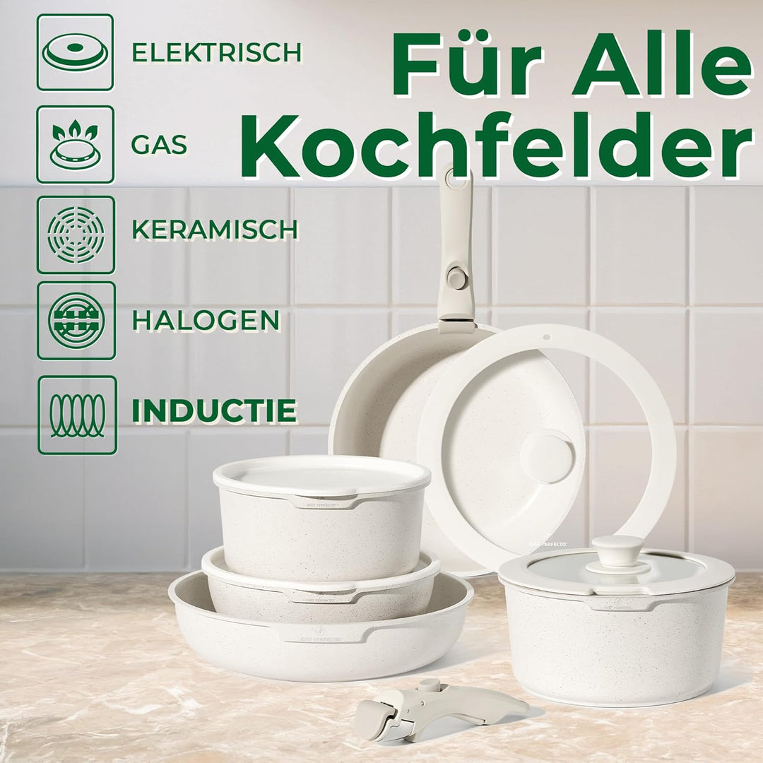 Just Perfecto Töpfe Pfannen 11-Teilig,Topfset Pfannenset mit abnehmbaren Griffen,Pfanne 20/26cm,Topf