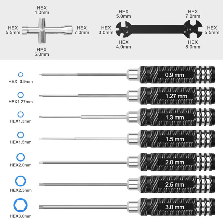 Sechskant Schraubendreher Satz 7 teilig 0,9/1,27/1,3/1,5/2,0/2,5/3,0mm mit Steckschluessel & RC Auto