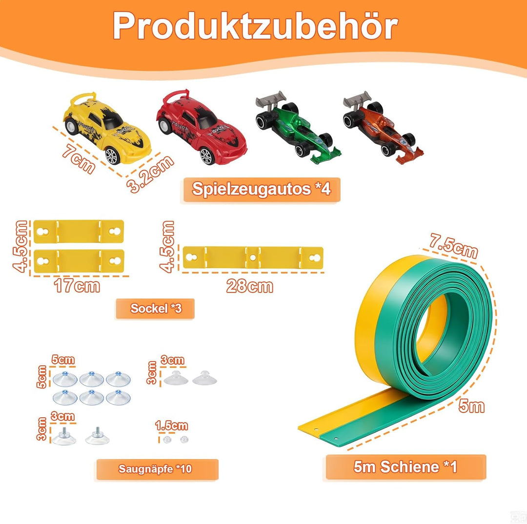 Flexible Autorennbahn Kinder - 5M Autorennbahn Spielzeug aus Silikon mit Saugnapf, 4 Spielzeugautos,