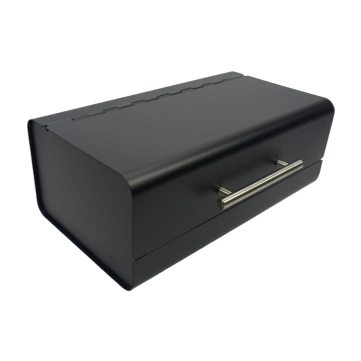 Metall-Brotkasten 36 cm, schwarzer Brotkasten mit Klappdeckel und Edelstahlgriff, kompakte Brotbox f
