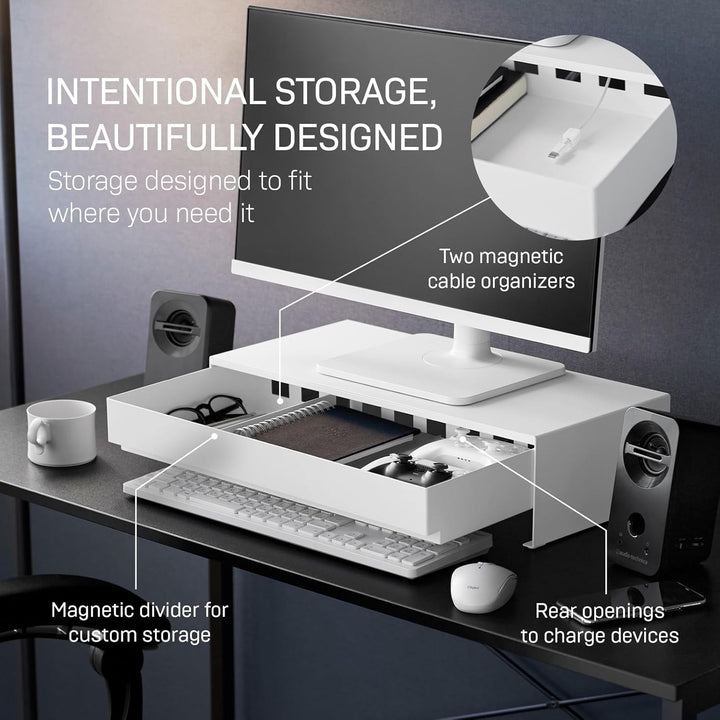 YAMAZAKI 10187 TOWER Monitorständer mit Schublade, weiss, Stahl / Magnet / Polypropylene / Silikon /