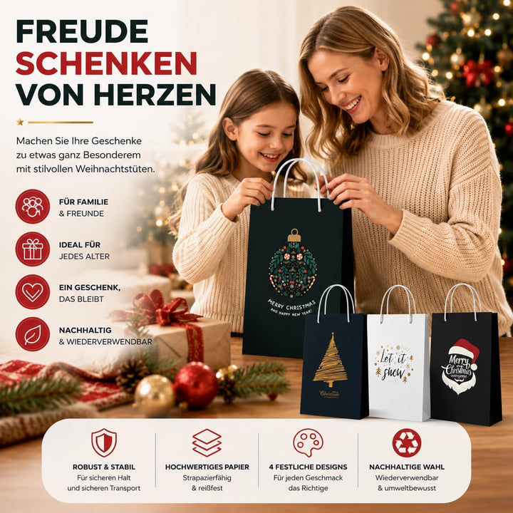 12 XXL Geschenktaschen Geschenktüten für Weihnachten: Grosse Weihnachtstüten ideal für Präsente &amp; Ge