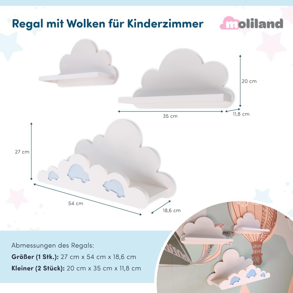 3er Set Wandregal Kinderzimmer Weiss | Babyzimmer Wolkenregal für Bücher, Spielzeug, Dekoration | Re