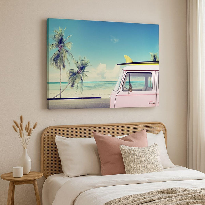 Bilder auf Leinwand Auto Surfbrett Strand Ozean Leinwandbild 70x50cm Wandbilder Dekoration Wohnzimme
