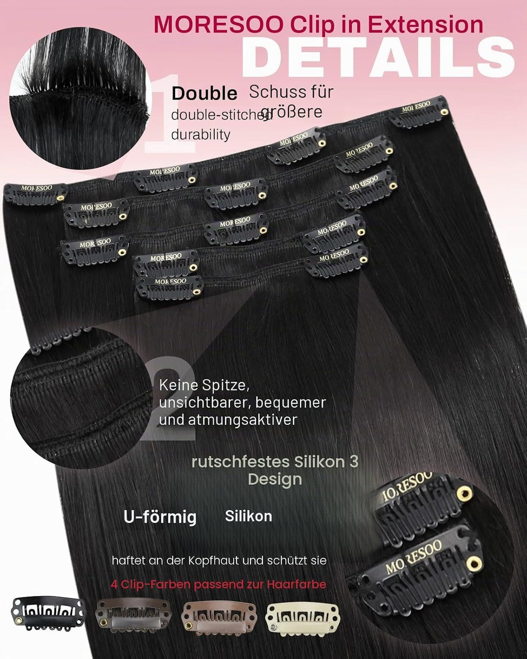 Moresoo Clip in Extensions Echthaar Schwarz Haarverlängerung Clip in Echthaar Remy Schwarz Haarexten