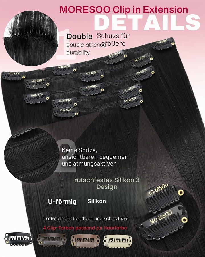 Moresoo Clip in Extensions Echthaar Schwarz Haarverlängerung Clip in Echthaar Remy Schwarz Haarexten