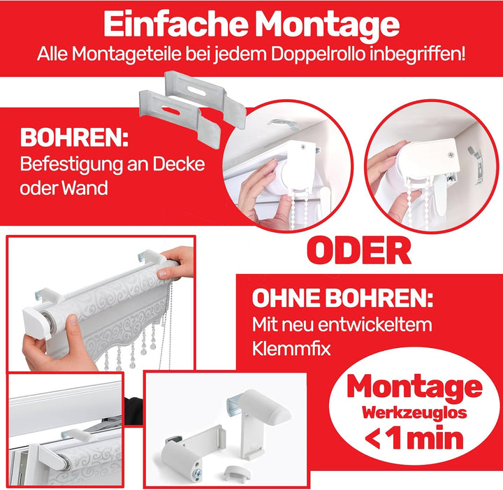 Doppelrollo Klemmfix ohne Bohren Duorollo Weiss Silber glitzert Raffrollo Fenster Tür Rollo Gardinen