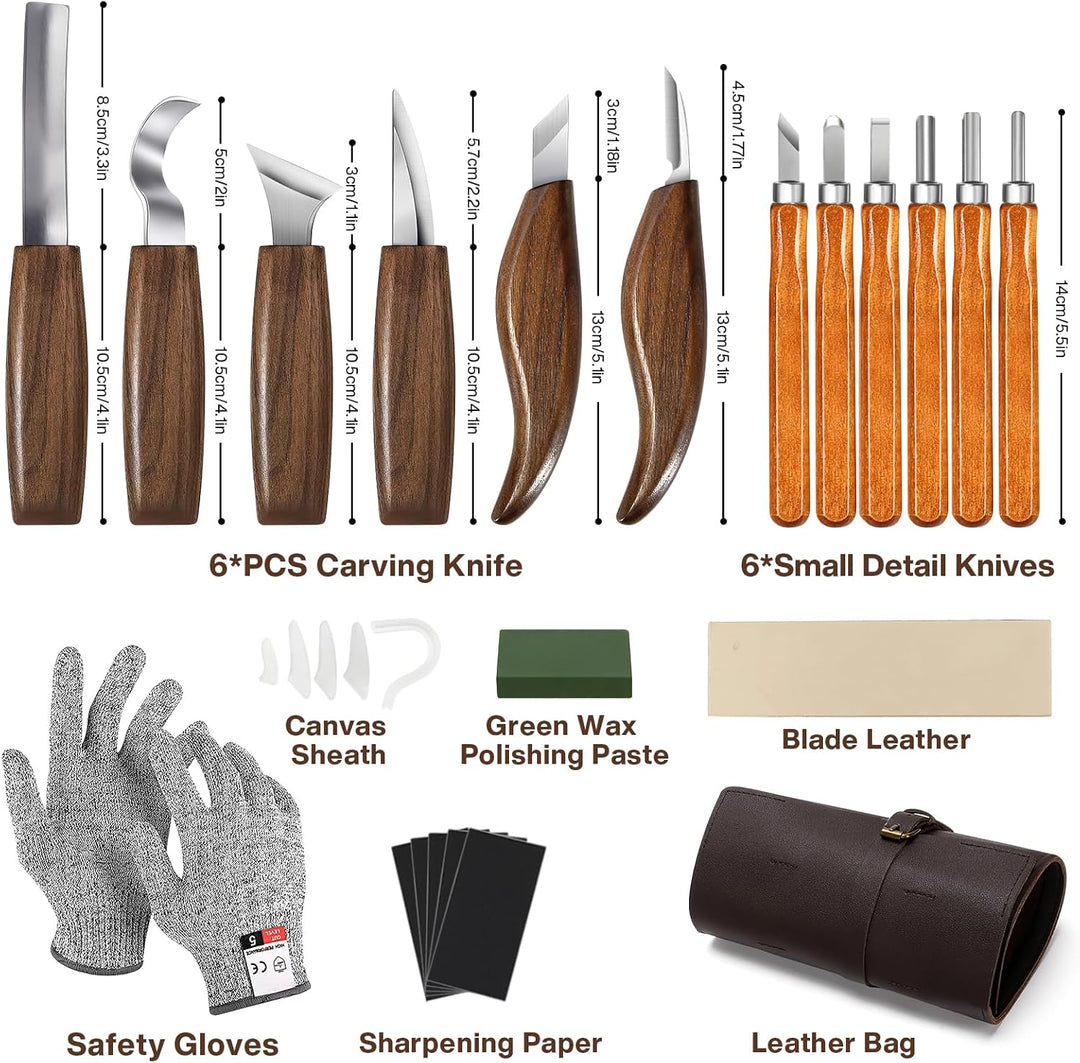 7CDXD Schnitzwerkzeug Set, 17 PCS Holzschnitzwerkzeuge mit Handschuhe, Aufbewahrungstasche und Anspi