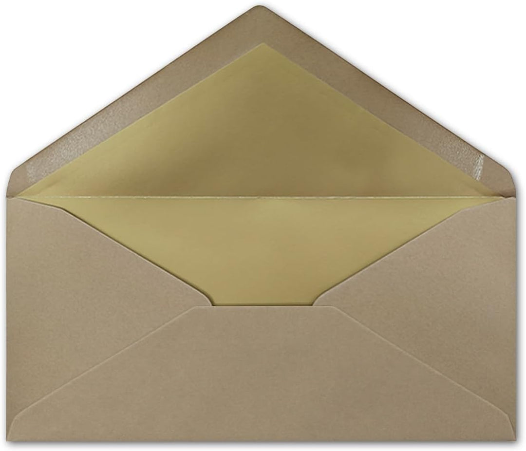 75 Brief-Umschläge DIN Lang - Cappuccino mit Gold-Metallic Innen-Futter - 110 x 220 mm - Nassklebung