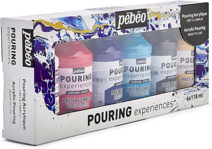 Pébéo 524601 Acryl Pouring Entdecken-Set mit 6 x 118 ml Bereits Gemischten Acrylfarben, Sofort-Kit o