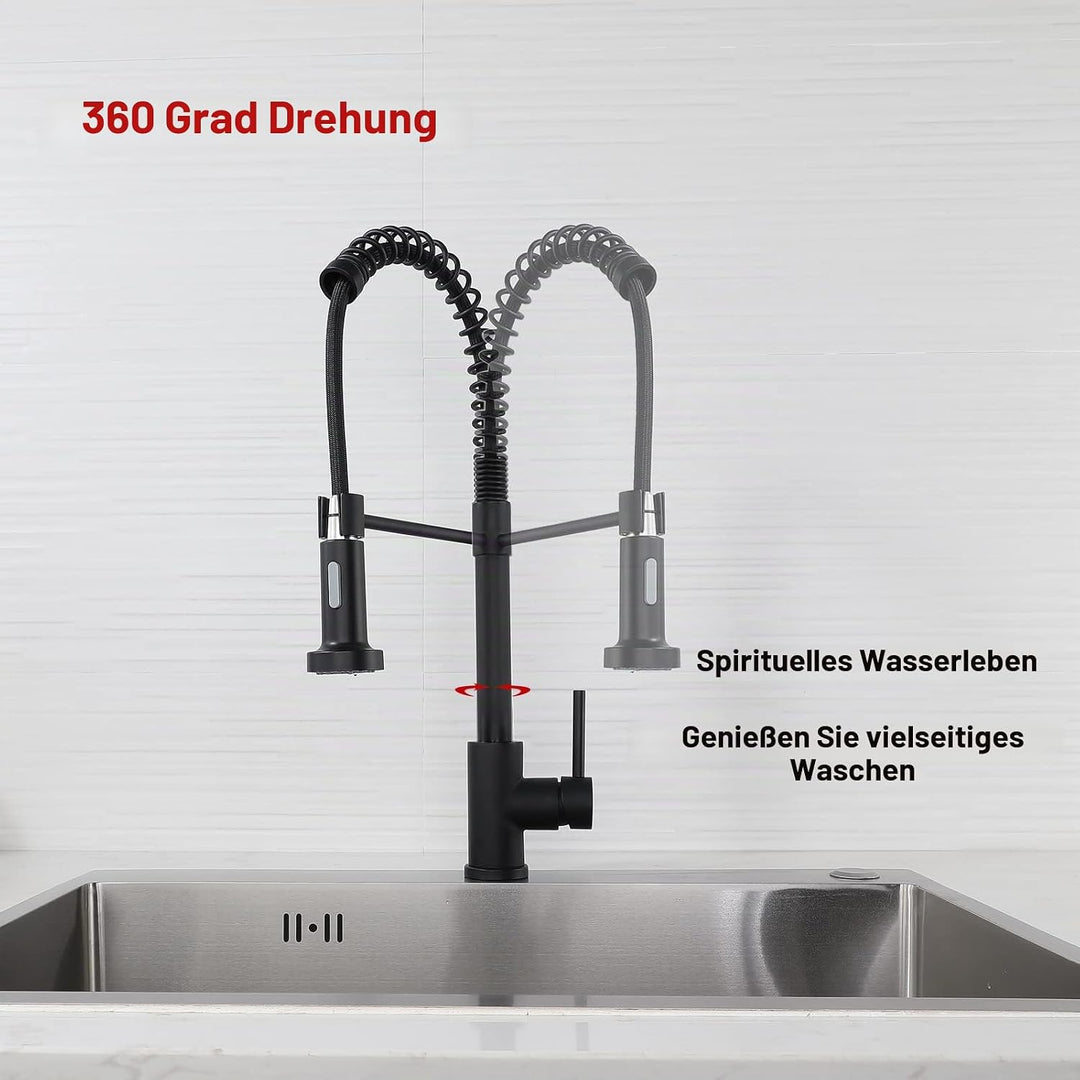 Wasserhahn Küche Schwarz - Küchenarmatur mit Brause Ausziehbar 360° Schwenkbar Spültischarmatur Küch