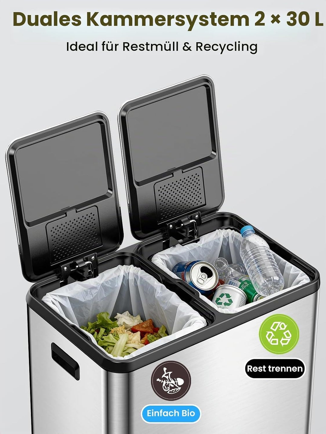 YEAUPE PRO Mülleimer Küche 60L Edelstahl, 2x30L Mülltrennsystem mit Softclose Deckel, Treteimer mit