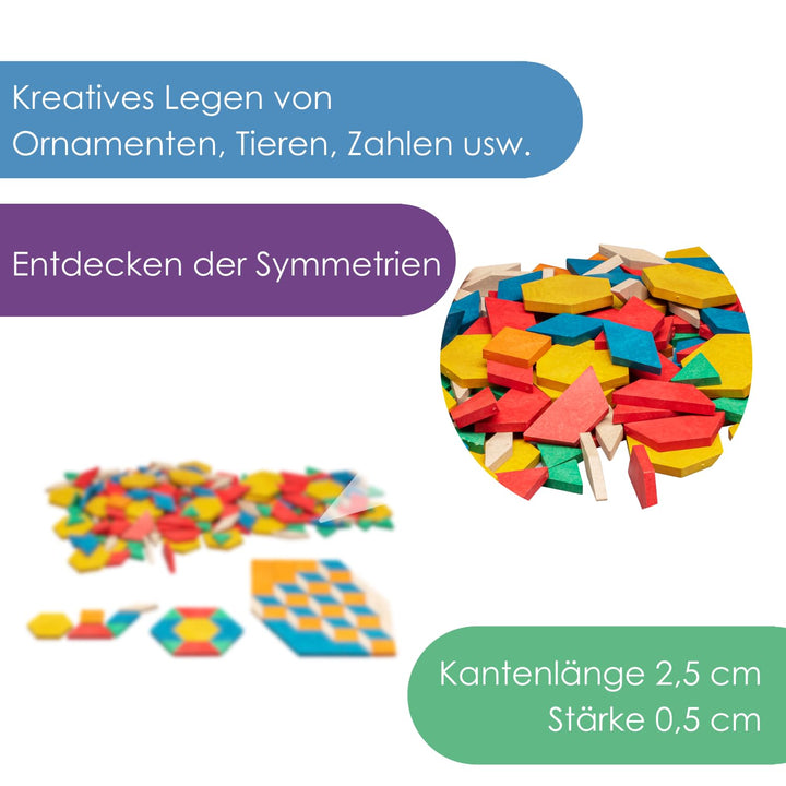 WISSNER Montessori Pattern Blocks Geometrie Formen 250 Teile - Pädagogisches RE-Wood Tangram Kinder-