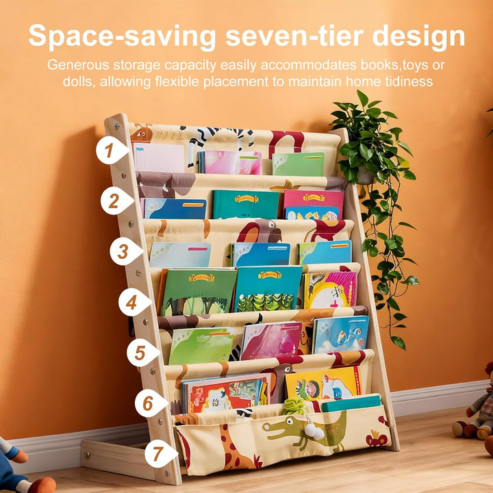 Bücherregal Kinder, 6 Ebenen Bücherregal Kinderzimmer, Aufbewahrung Kinderbücherregal mit Tasche, Bü