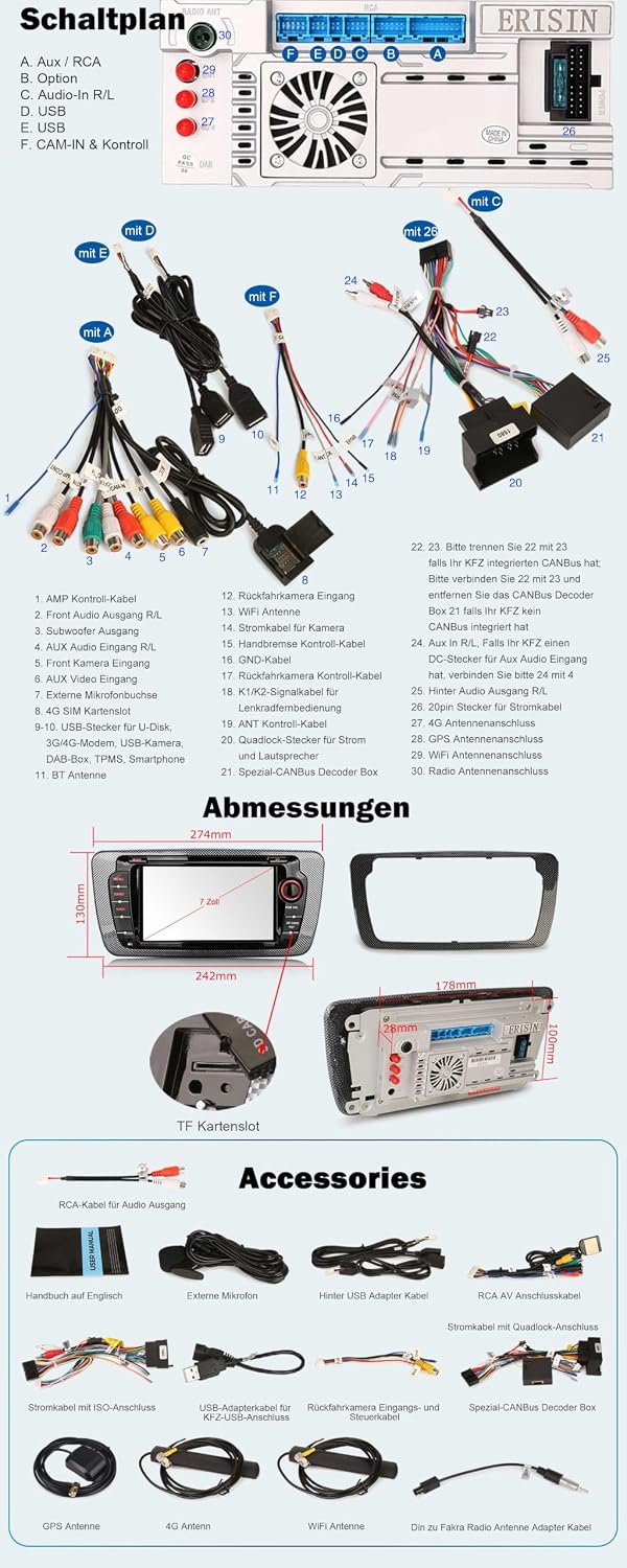 Erisin Android 14 8-Kern 4GB+64GB Autoradio GPS Navi für SEAT Ibiza 2009-2013 7 Zoll IPS Touchscreen