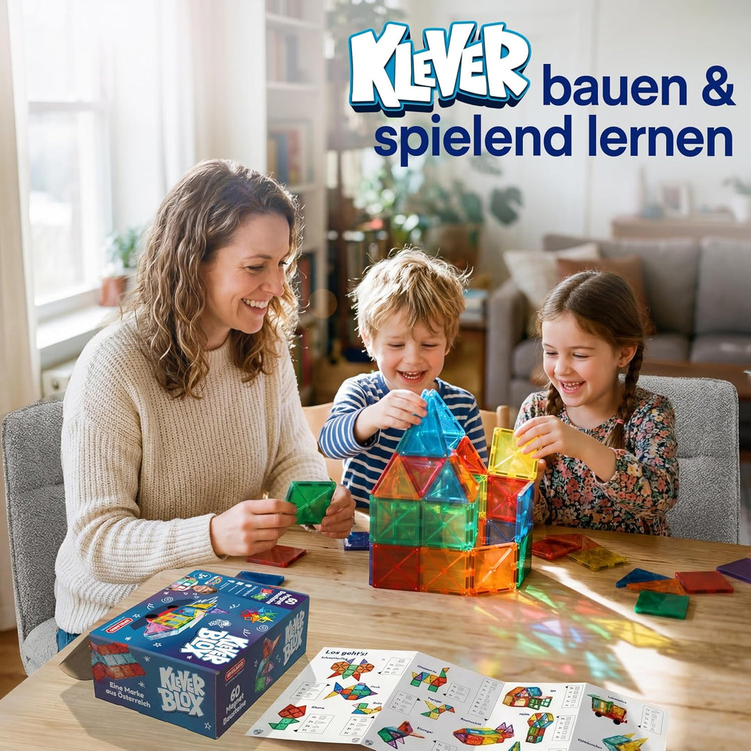 Kleverblox - 60 Stück Magnetische Bausteine für Kinder - Magnetbausteine ab 3 Jahre - Magnetische Fl