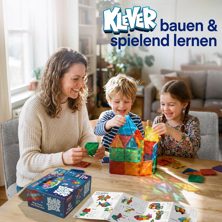 Kleverblox - 60 Stück Magnetische Bausteine für Kinder - Magnetbausteine ab 3 Jahre - Magnetische Fl