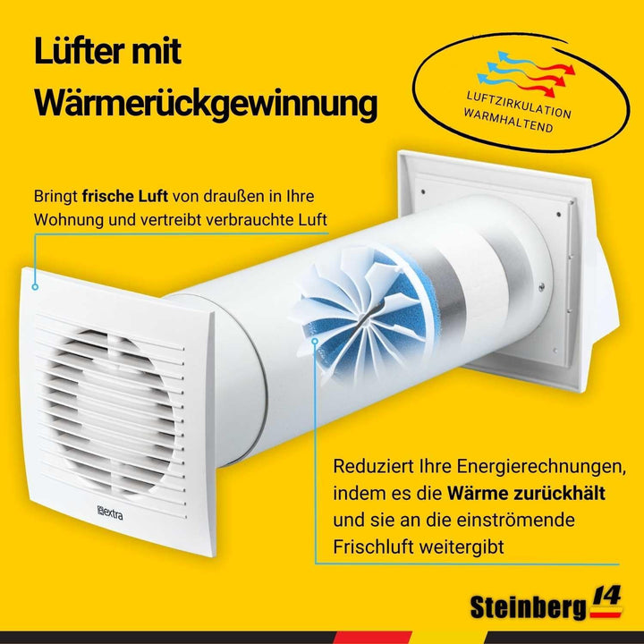 Steinberg14 Weiss 125mm Dezentrale Lüftung mit Wärmerückgewinnung - Rekuperator mit Schalter - Wandl