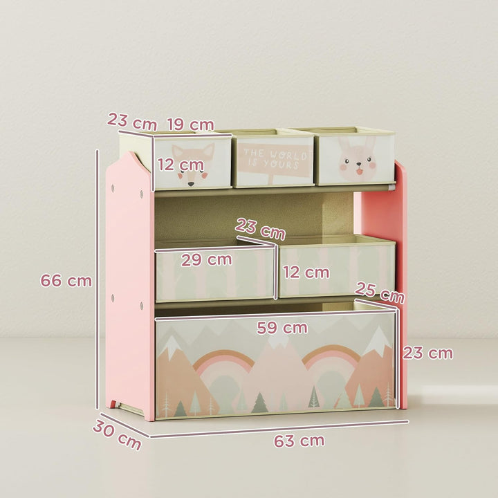 ZONEKIZ Kinderregal, Spielzeugregal mit 6 herausnehmbaren Aufbewahrungsboxen aus Vliesstoff, Bücherr