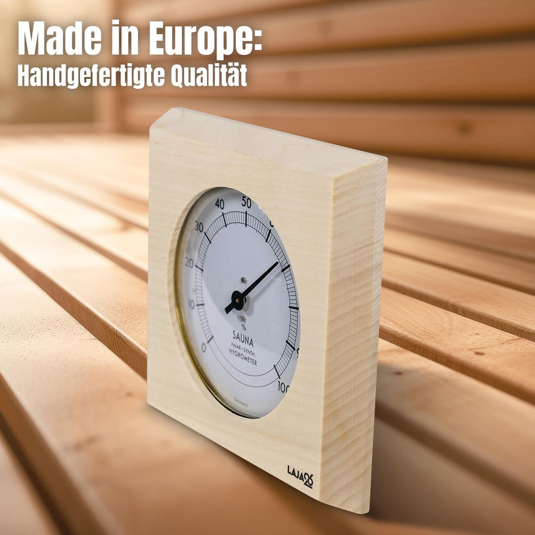 Sauna Hygrometer - FSC Espenholz - Misst Luftfeuchtigkeit - Bimetalltechnik - Synthetik-Haar - Analo