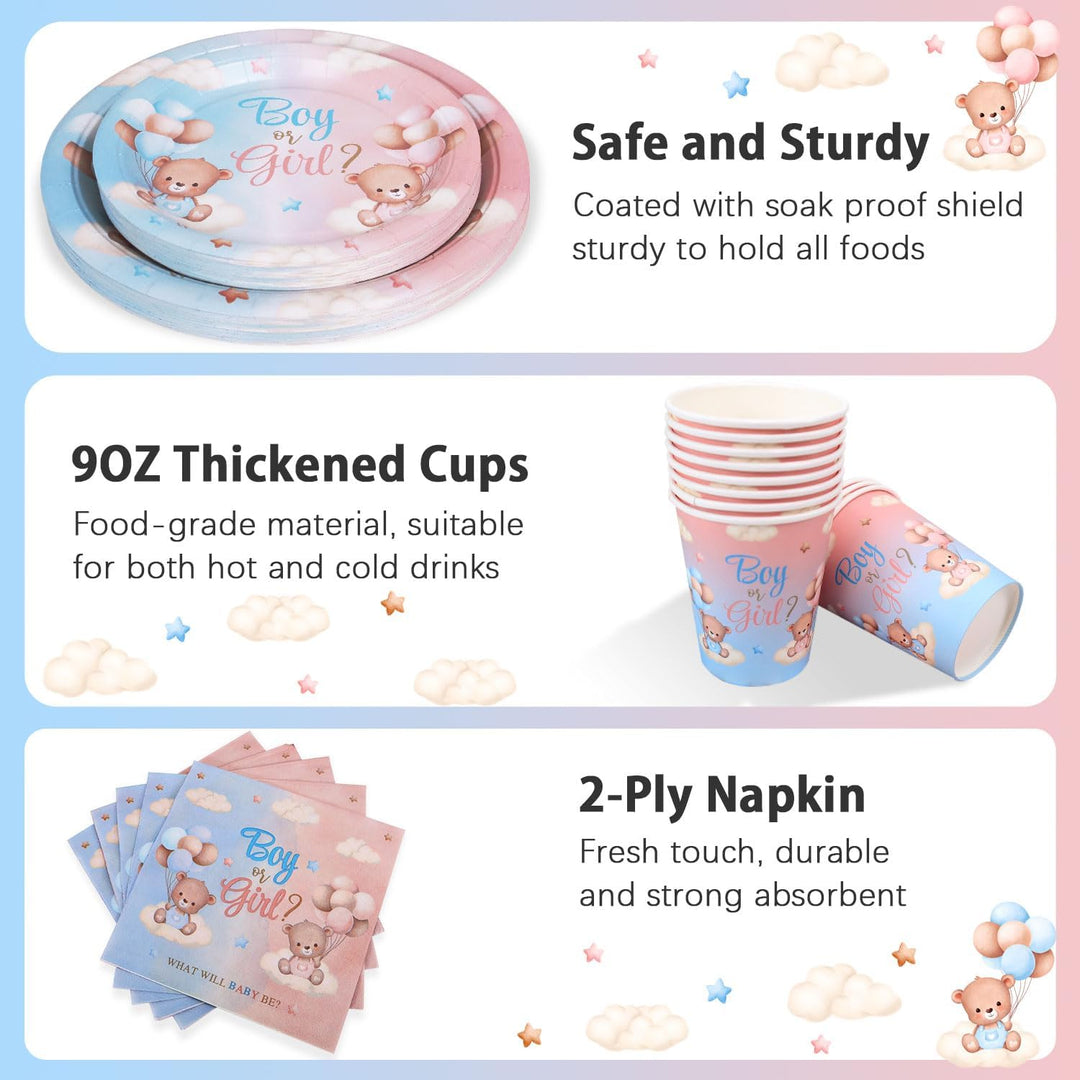 Gender Reveal Party Deko Partygechirr Set für 24 Gäste, 96pcs Babyshower Wiederverwendbare Papptelle