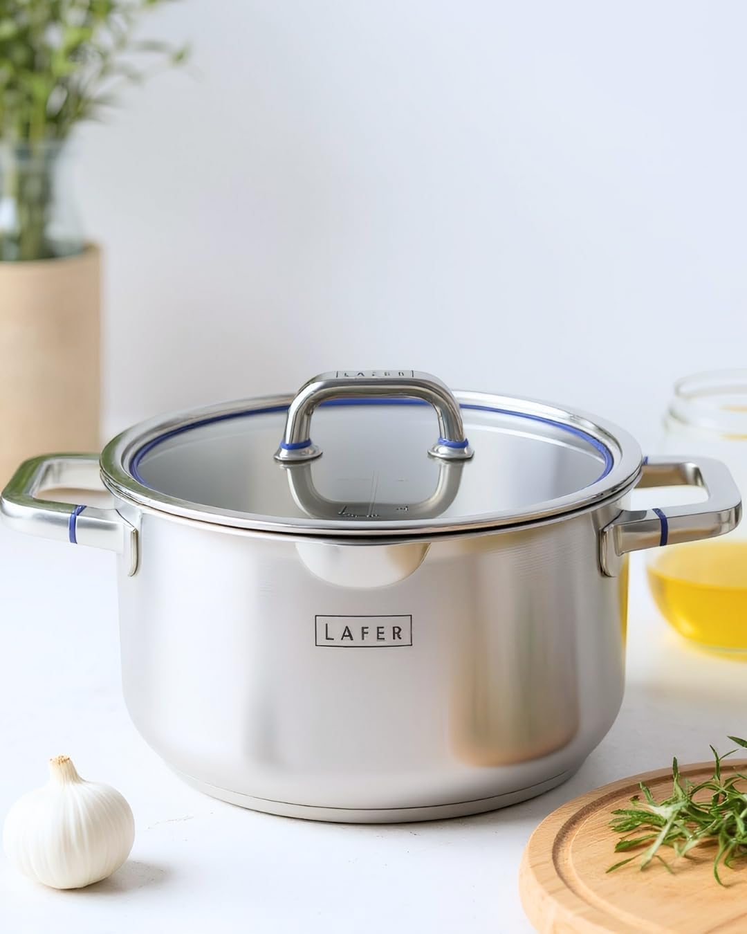 Johann Lafer – Kochtopf Induktion - Fleischtopf gross 24 cm 5,5 L Edelstahl mit Glasdeckel | Akkuthe