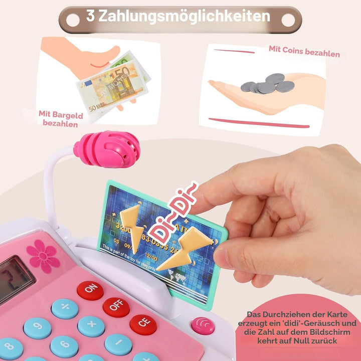 BUYGER Spielzeug Kasse Kinder mit Scanner Waage Mikrofon, Spielkasse mit Litchi und Sound, Kaufladen