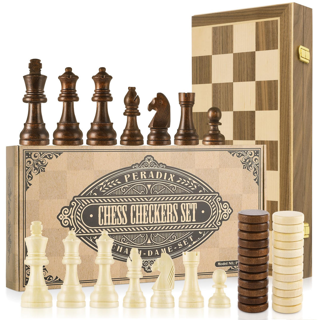Peradix 2 in 1 Schach und Dame Spiel aus Walnussholz Holz - 39x39CM Klappbar Schachbrett Magnetisch