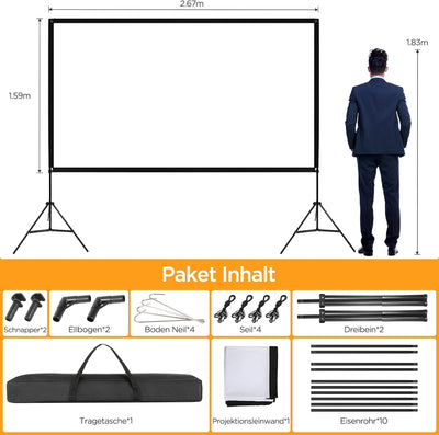 VISULAPEX 120" Leinwand Beamer mit Stand HD 4K, 16: 9, 160°Betrachtung Leinwand Beamer mit Stativ Sc