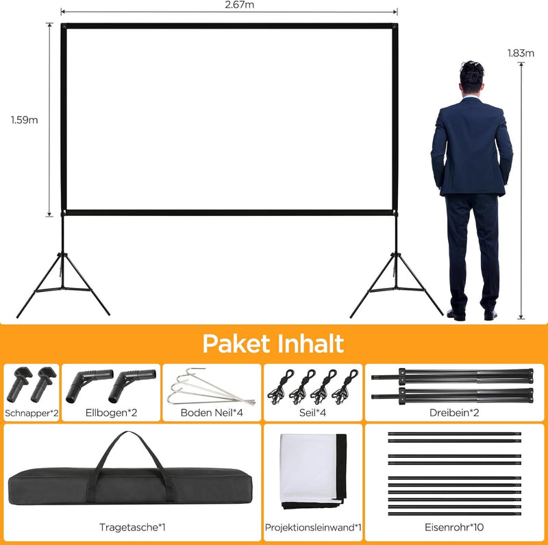 VISULAPEX 120" Leinwand Beamer mit Stand HD 4K, 16: 9, 160°Betrachtung Leinwand Beamer mit Stativ Sc