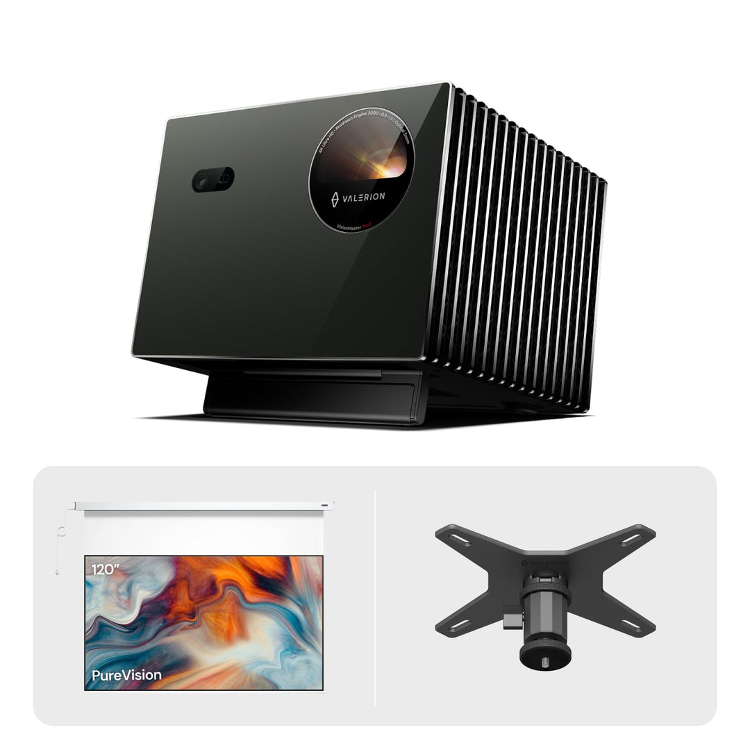 VisionMaster Pro2 4K Triple-Laser-Beamer Bundle mit 120" Anti-Speckle motorisierter Leinwand und Dec