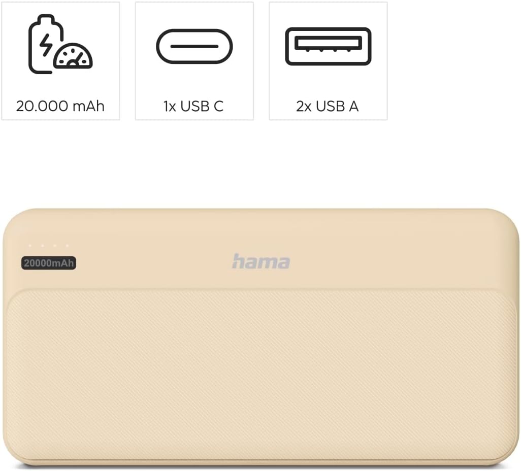 Hama Powerbank „Pocket 20“, 20.000 mAh, 2X USB-A, USB-C, externer Akku für Smartphone, Tablet &amp; Kopf