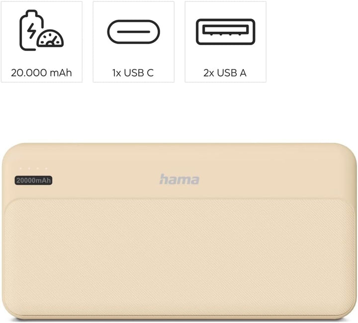 Hama Powerbank „Pocket 20“, 20.000 mAh, 2X USB-A, USB-C, externer Akku für Smartphone, Tablet &amp; Kopf