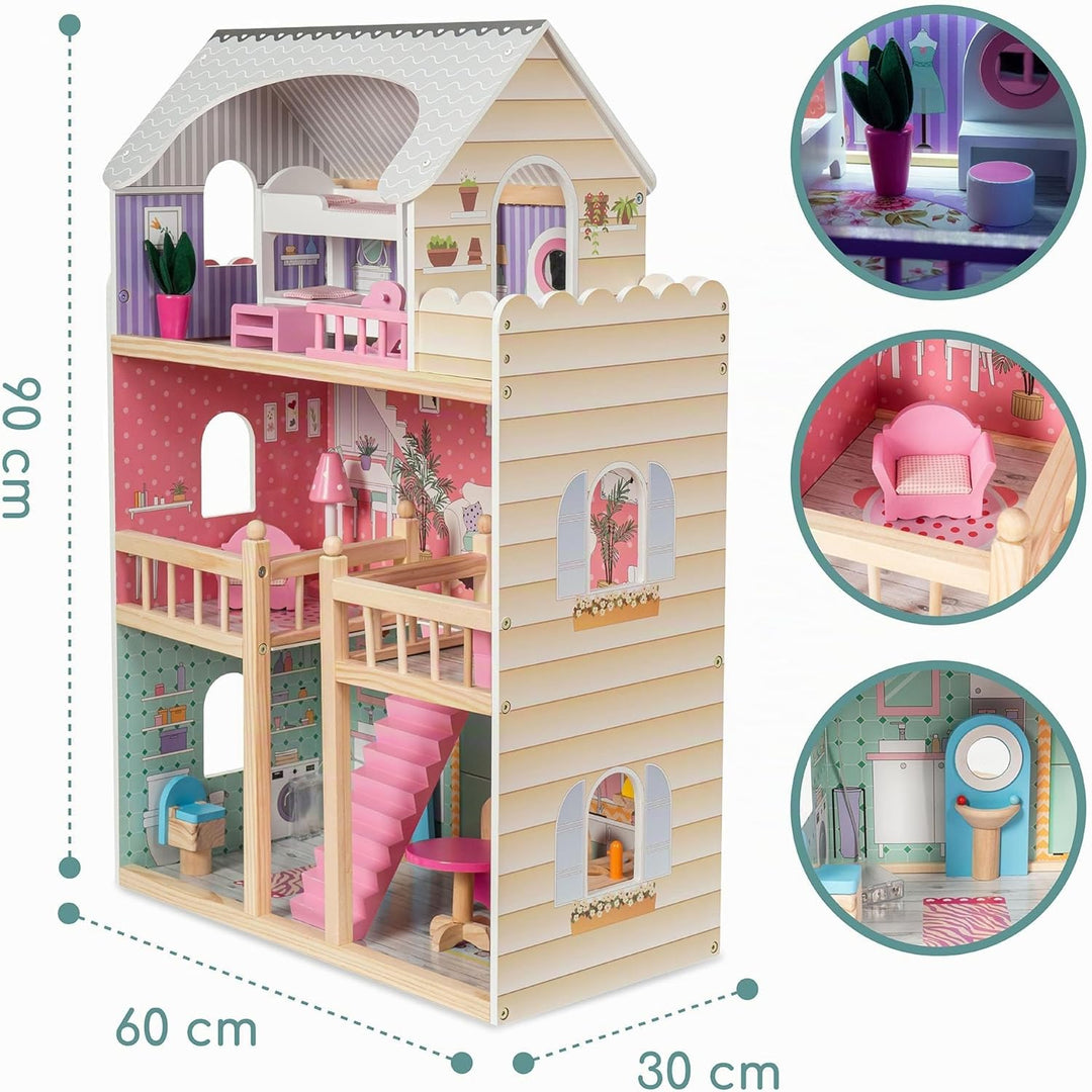mamabrum Puppenhaus Holz ab 3 Jahre Mädchen – Grosses Puppenhaus mit Möbeln & LED Beleuchtung – 3 Et