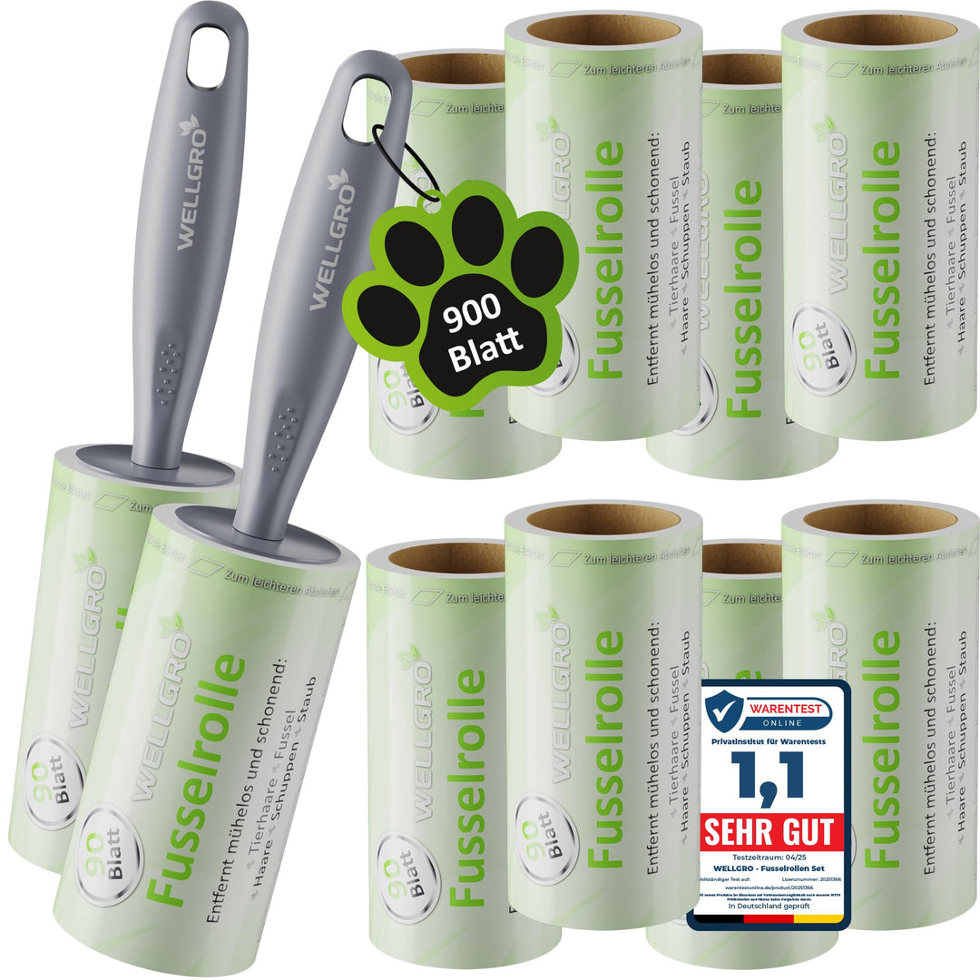WELLGRO Fusselrolle Tierhaare – 10 Rollen 900 Blatt + 2 Abroller – Fusselroller Kleidung & Kleberoll
