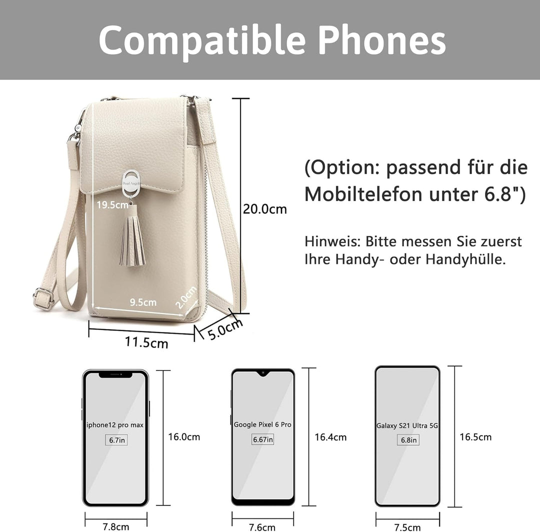 Pearl Angeli Weiches Echtes Leder Handy Umhängetasche - Handytasche Geldbörse Damen RFID Schutz klei